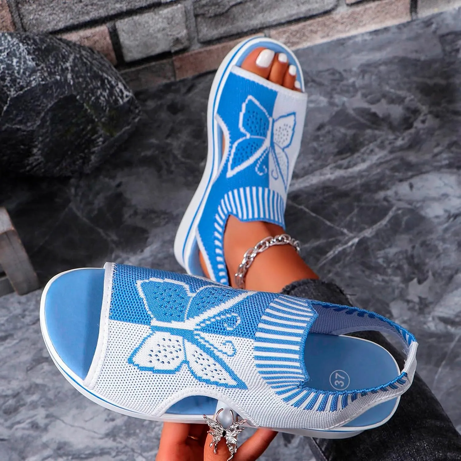 Sandals for Women 2024 Wedge Peep Toe Mesh Sporty Sandals Women Summer Fashion Butterfly Embroidered Womens Sandals
