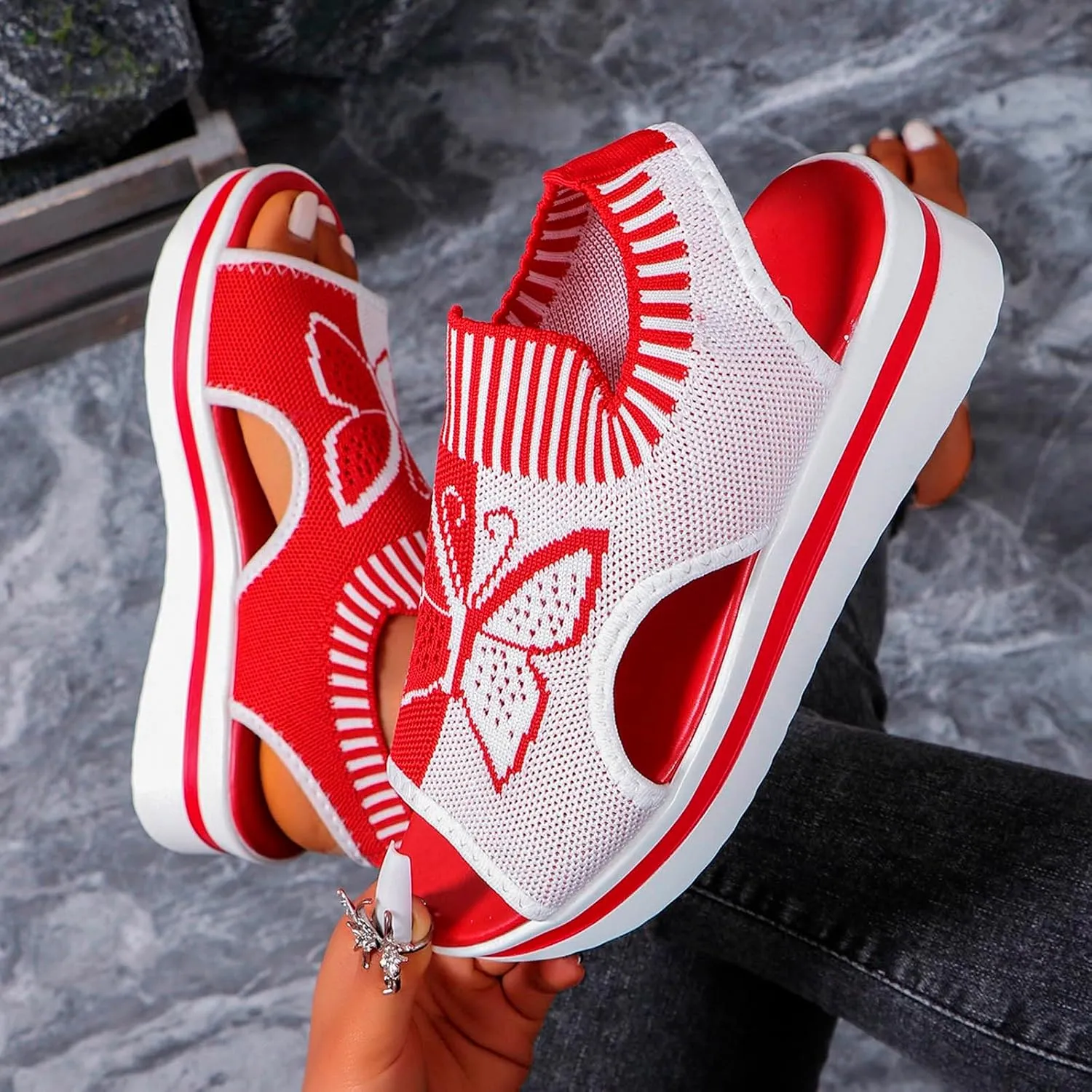 Sandals for Women 2024 Wedge Peep Toe Mesh Sporty Sandals Women Summer Fashion Butterfly Embroidered Womens Sandals