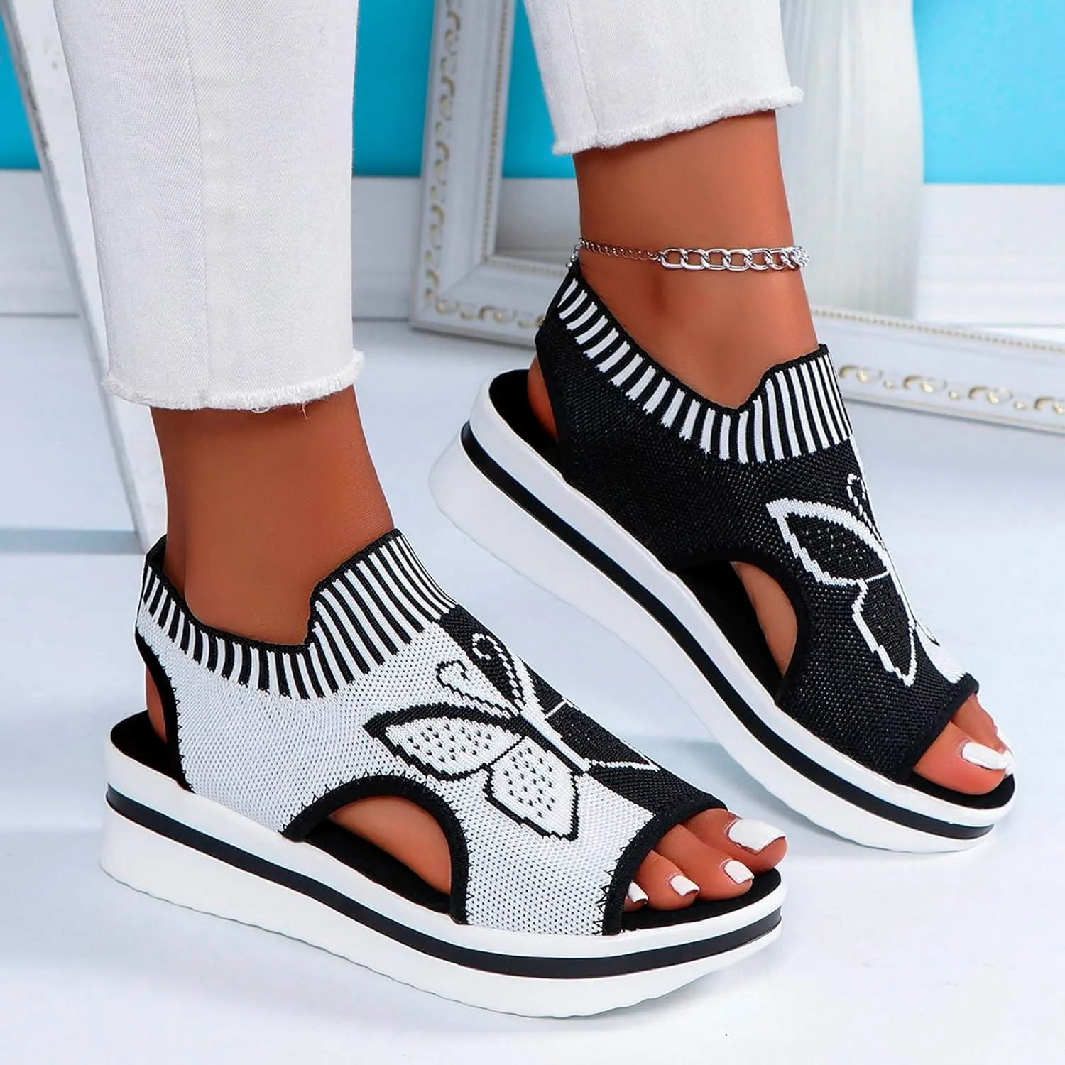 Sandals for Women 2024 Wedge Peep Toe Mesh Sporty Sandals Women Summer Fashion Butterfly Embroidered Womens Sandals