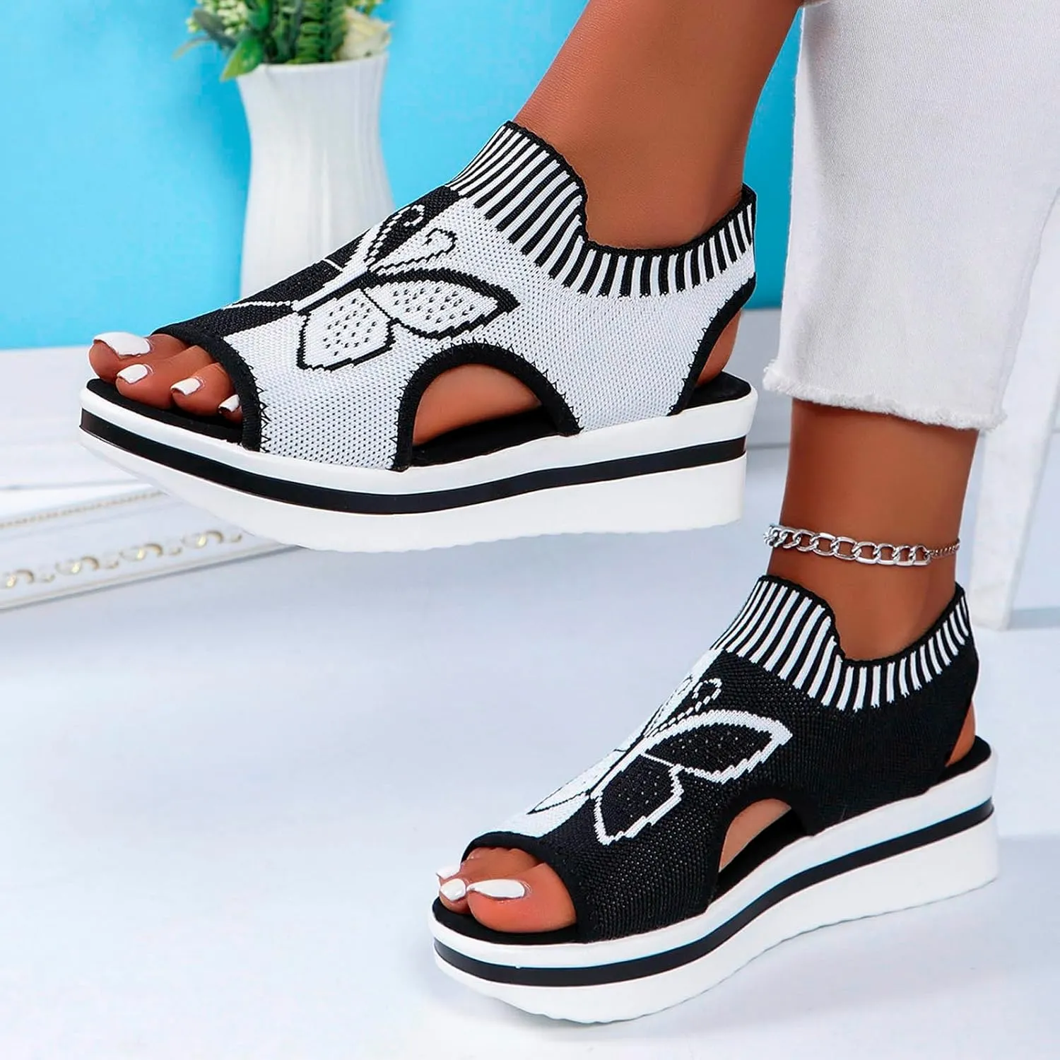 Sandals for Women 2024 Wedge Peep Toe Mesh Sporty Sandals Women Summer Fashion Butterfly Embroidered Womens Sandals