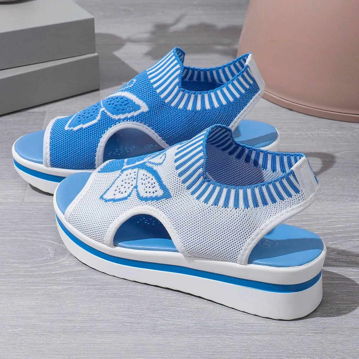 Sandals for Women 2024 Wedge Peep Toe Mesh Sporty Sandals Women Summer Fashion Butterfly Embroidered Womens Sandals