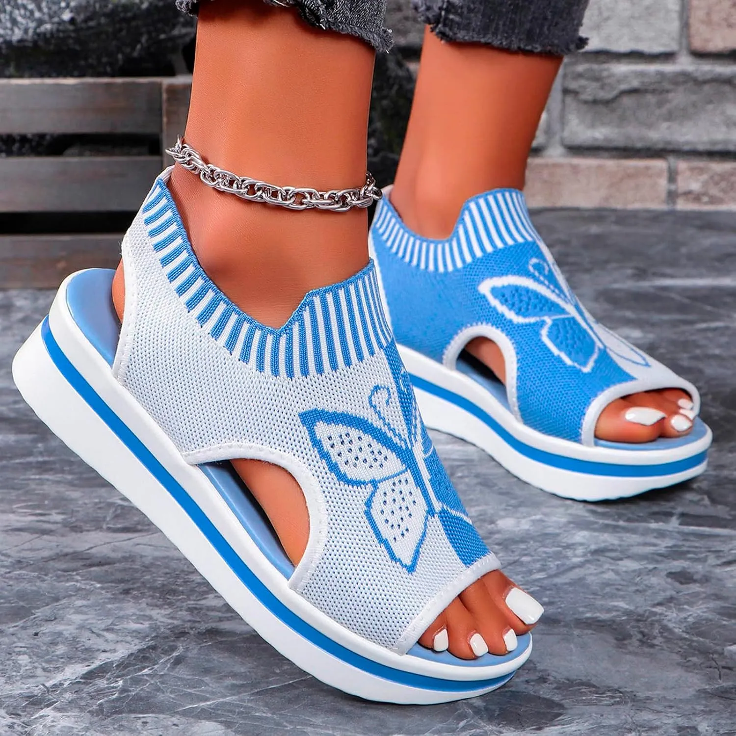 Sandals for Women 2024 Wedge Peep Toe Mesh Sporty Sandals Women Summer Fashion Butterfly Embroidered Womens Sandals
