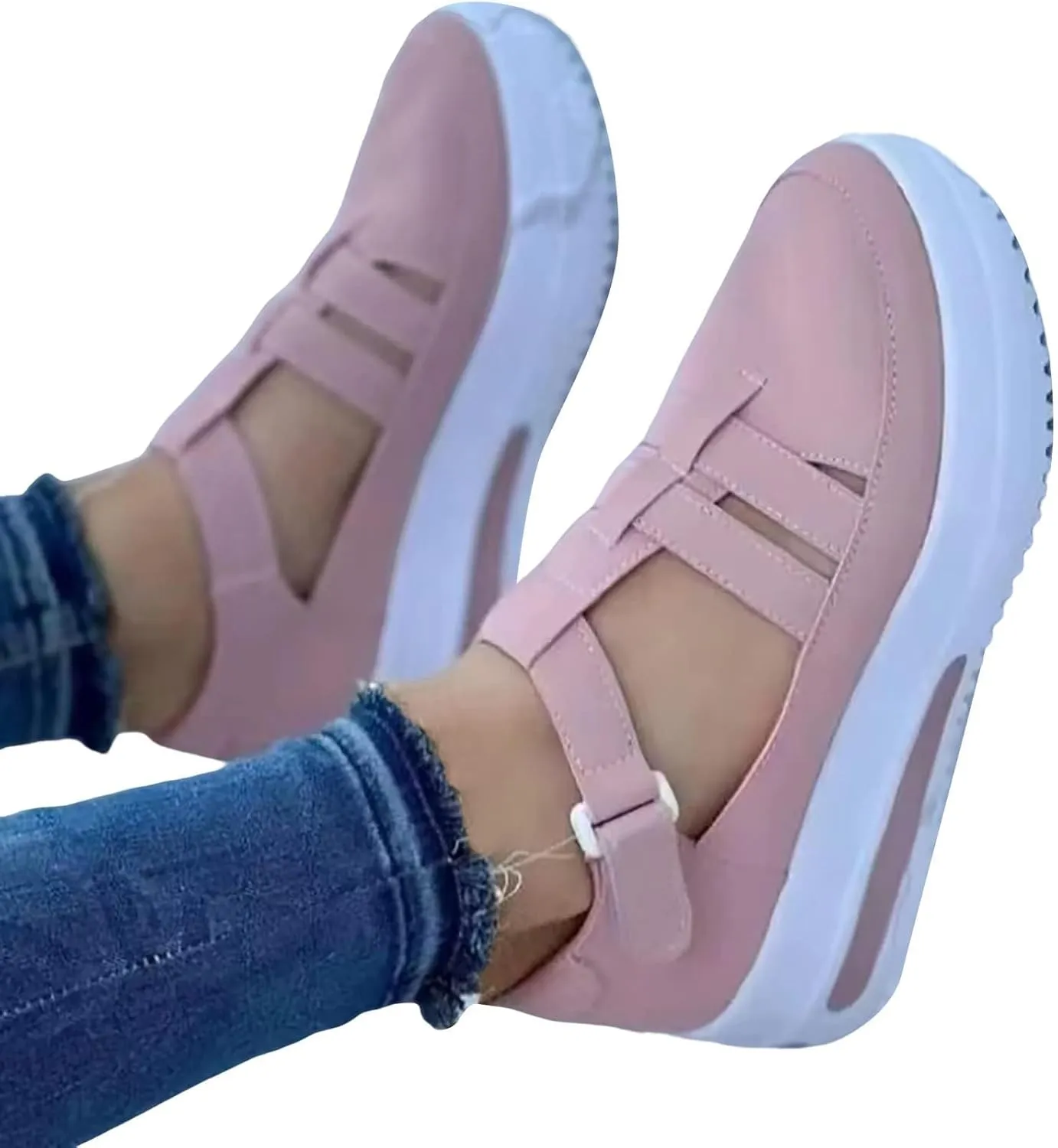 Sandals for Women 2025 Round Closed Toe Slip-On Sneakers Magic Tape Adjustable Hook Loop Shoes Hollow Strappy Summer Casual Arch Support Shoes