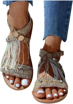 Sandals for Women Flat,Women's Flat Sandals, Summer Beach Sandal Vintage Flower Peep Toe Straps Sandals Slingback Slipper