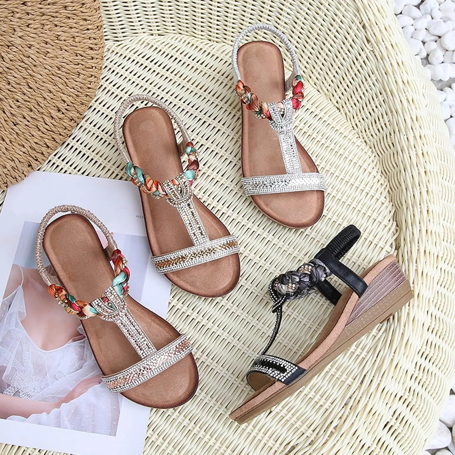 Sandals, Women's Summer Shoes for Women, Comfort Ankle Boots, Retro Slingback Flat Roman Flip Flops Toe Post Sandals