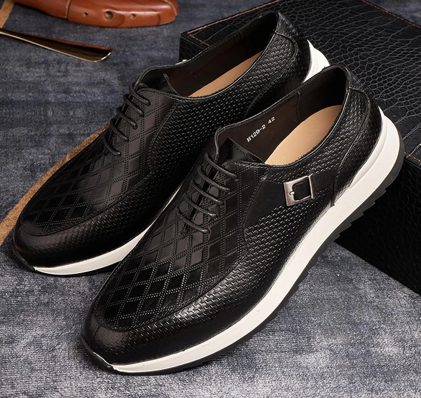 Santimon Mens Casual Shoes Fashion Sneakers Genuie Leather Prom Oxfords Shoes Business Casual Modern Derby Comfortable Walking Shoes for Men