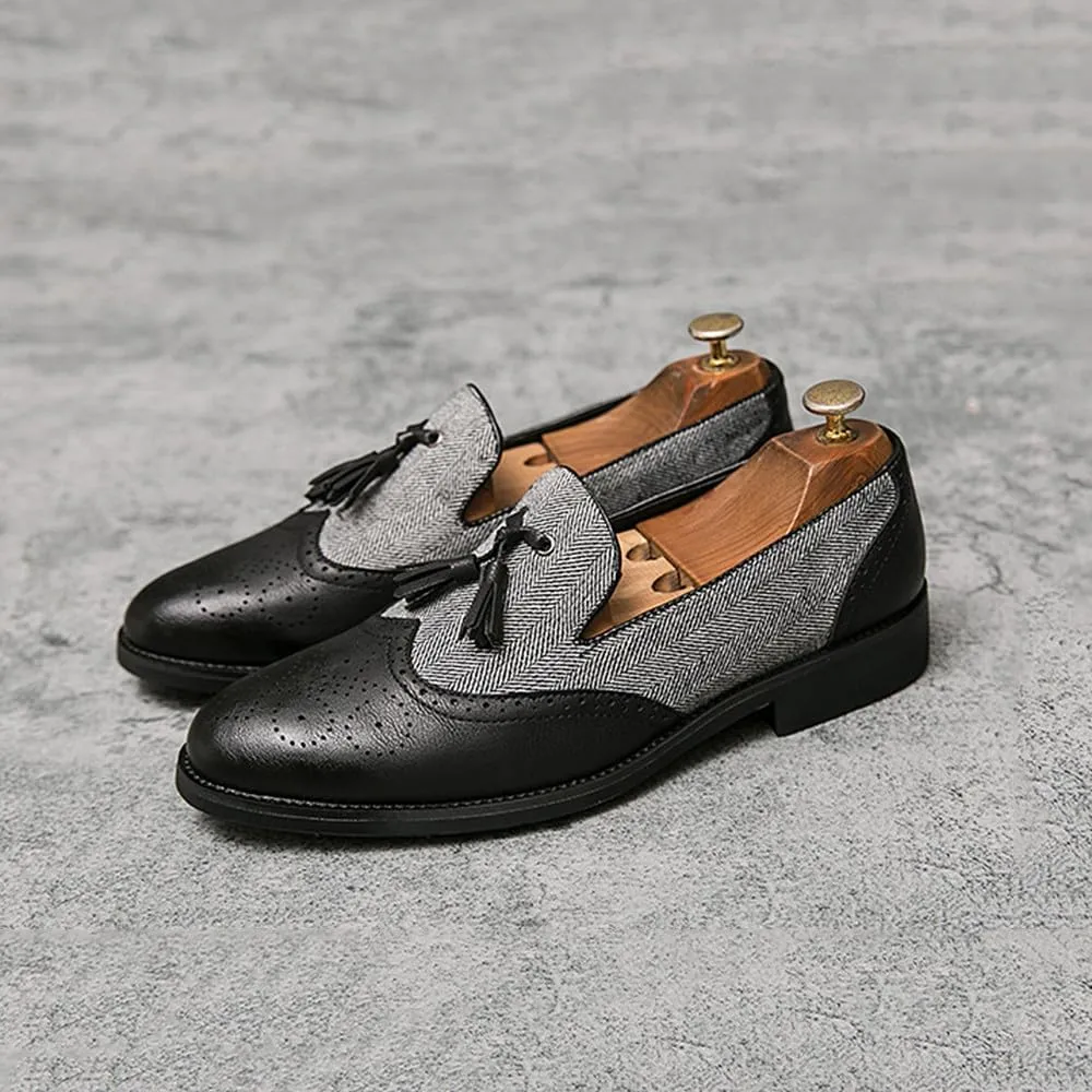 Santimon Men's Leather Tassel Loafers with Herringbone Pattern Casual Shoes Black Brown