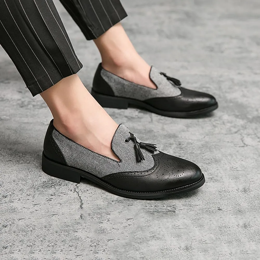 Santimon Men's Leather Tassel Loafers with Herringbone Pattern Casual Shoes Black Brown