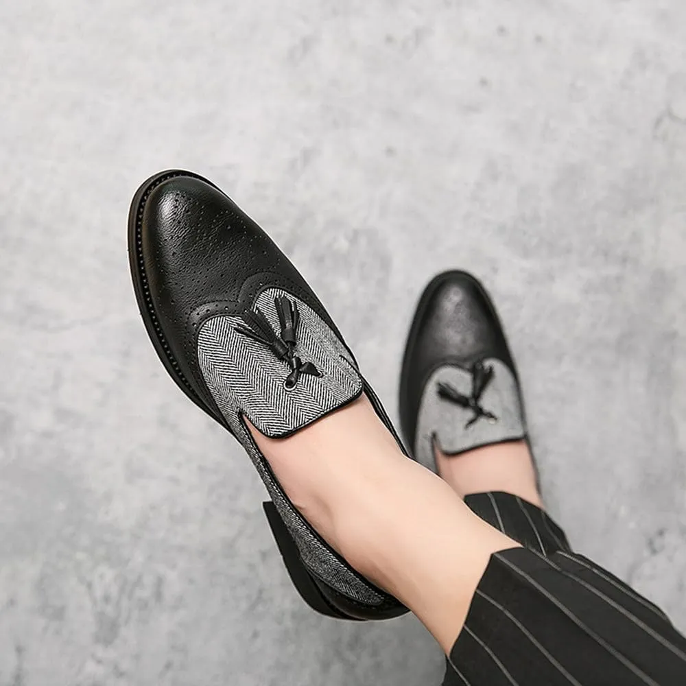 Santimon Men's Leather Tassel Loafers with Herringbone Pattern Casual Shoes Black Brown