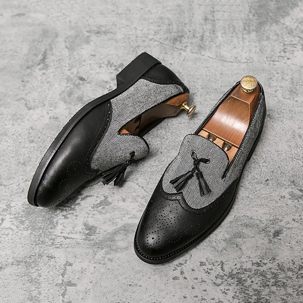 Santimon Men's Leather Tassel Loafers with Herringbone Pattern Casual Shoes Black Brown