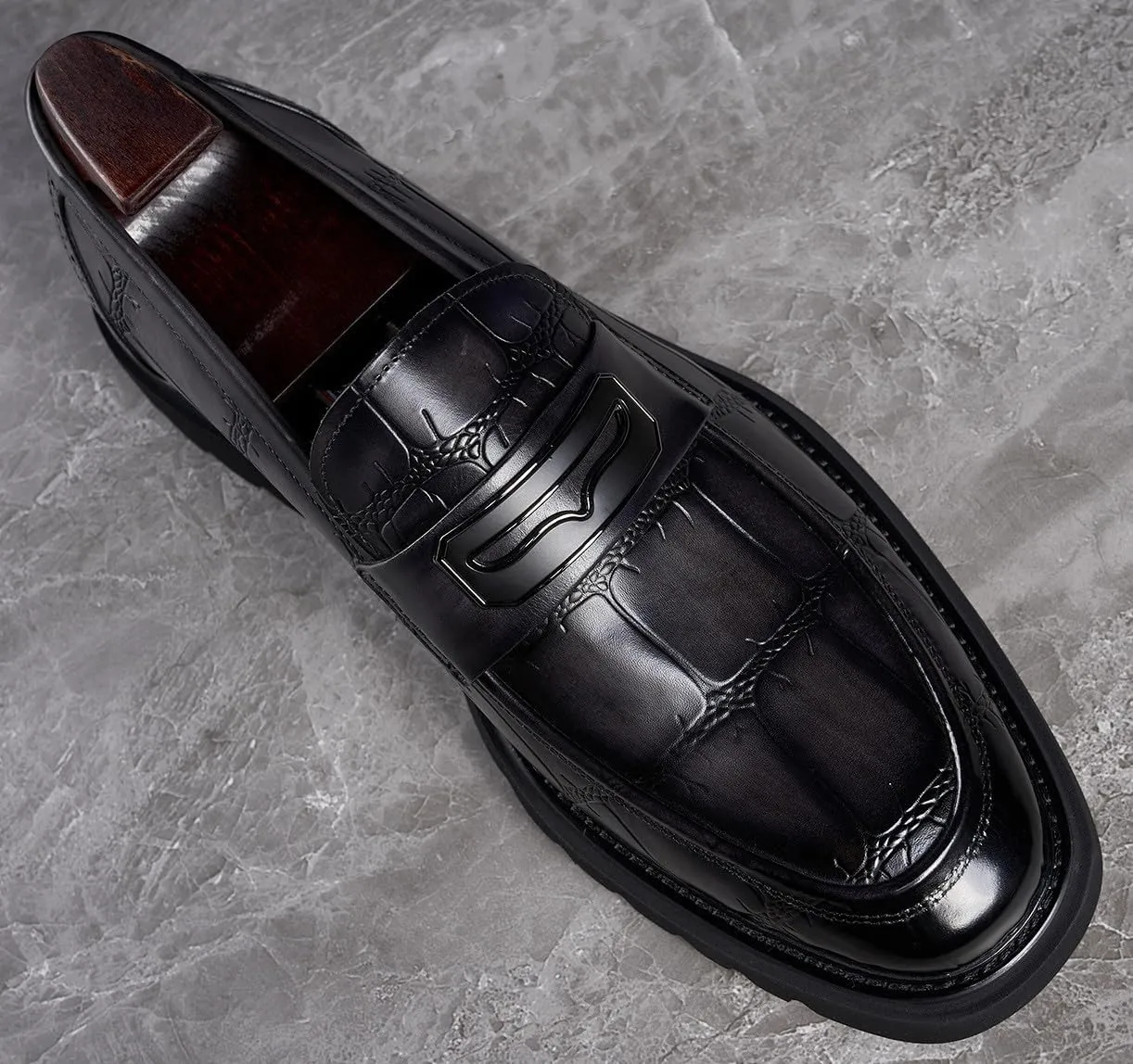 Santimon Mens Slip On Shoes Black Dress Formal Penny Loafers Genuie Leather Suit Shoes Buiness Tuxedo Wedding Mocasines Men Casual Shoes