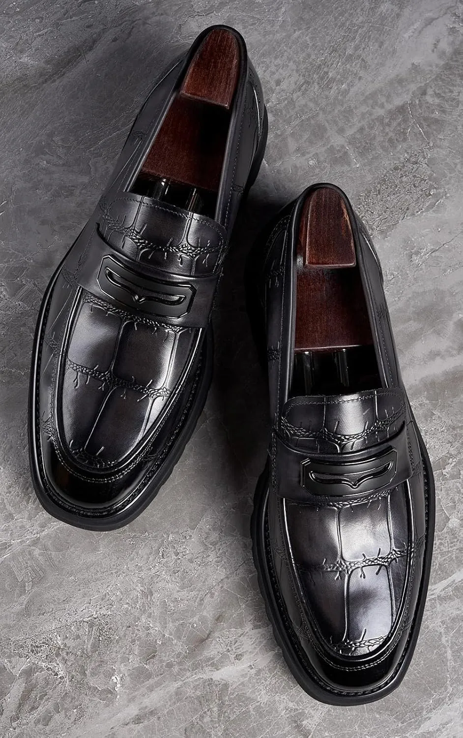 Santimon Mens Slip On Shoes Black Dress Formal Penny Loafers Genuie Leather Suit Shoes Buiness Tuxedo Wedding Mocasines Men Casual Shoes