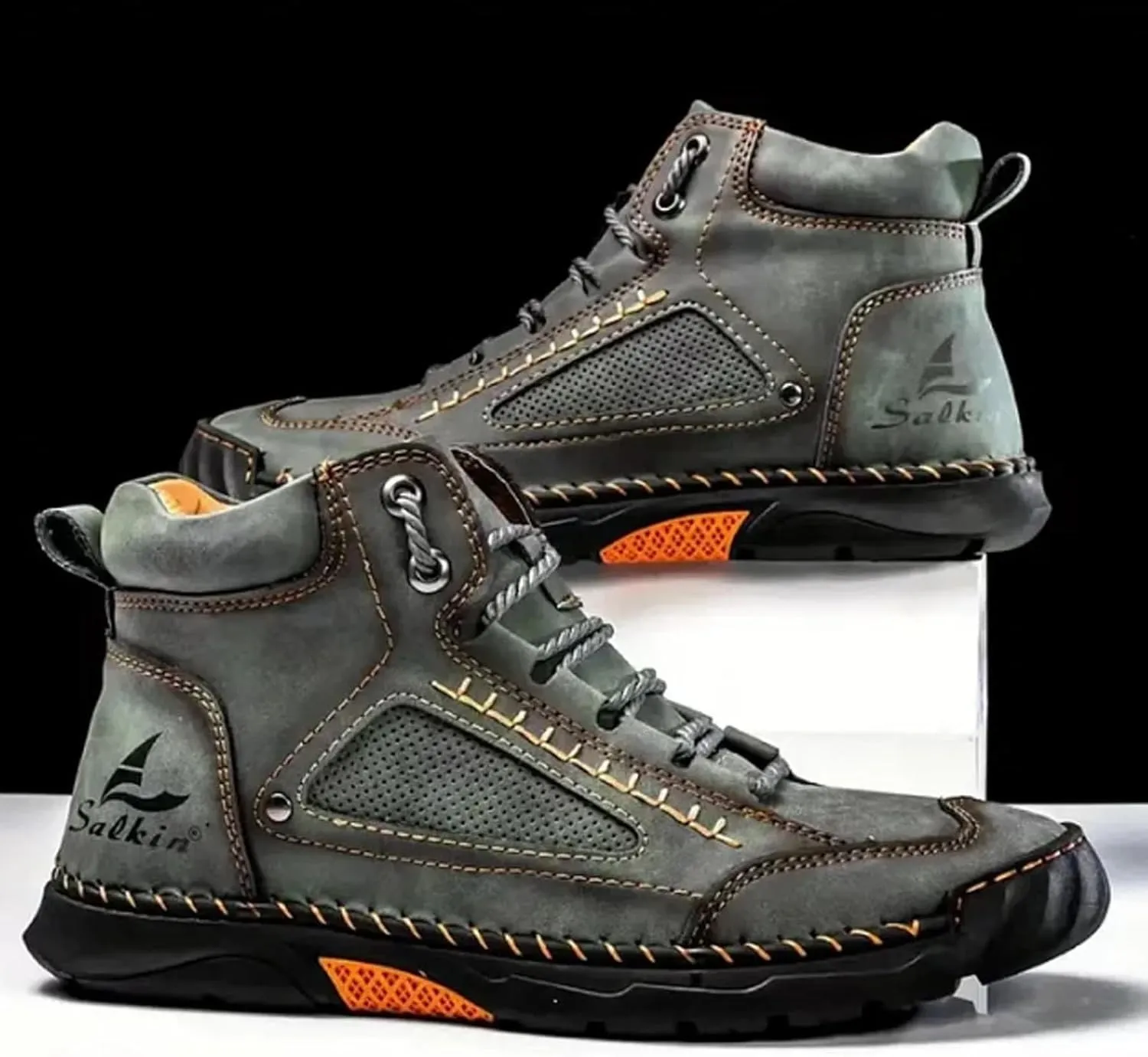 Sawbehind Men's Comfortable Handmade Leather Boots – Waterproof, Arch Support, Spacious Toe Box Outdoor Leather Shoes