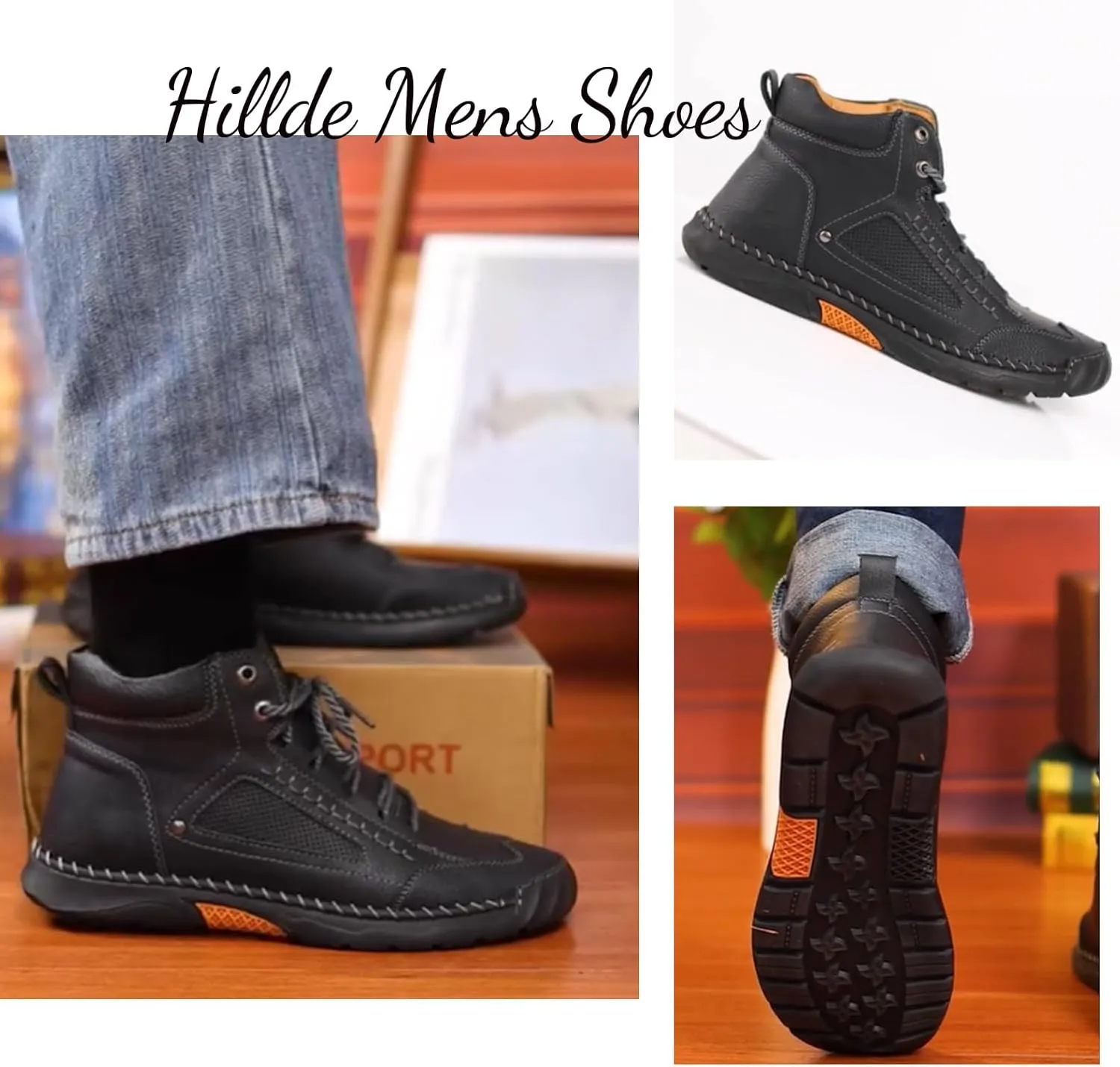 Sawbehind Men's Comfortable Handmade Leather Boots – Waterproof,Spacious Toe Box Outdoor Leather Shoes Ankle Boots