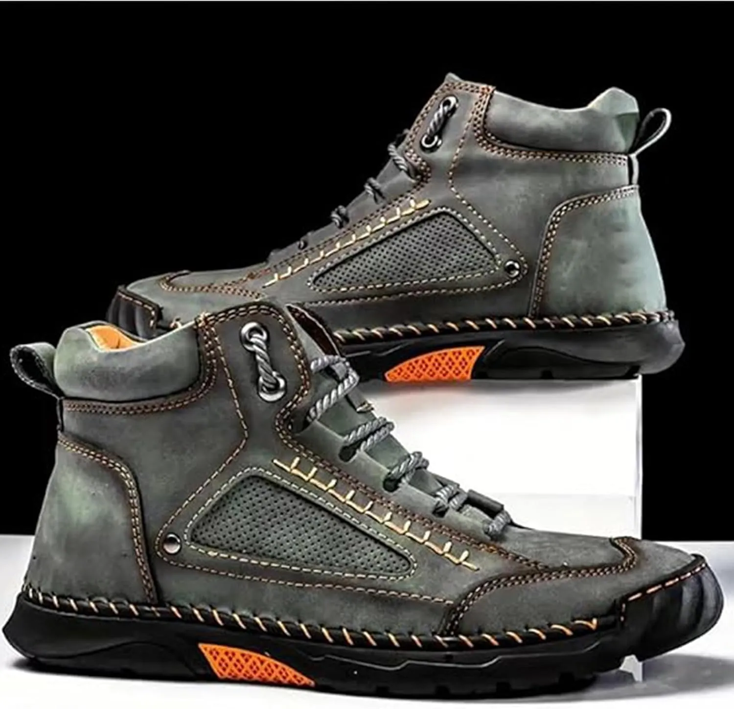 Sawbehind Men's Comfortable Handmade Leather Boots – Waterproof,Spacious Toe Box Outdoor Leather Shoes Ankle Boots