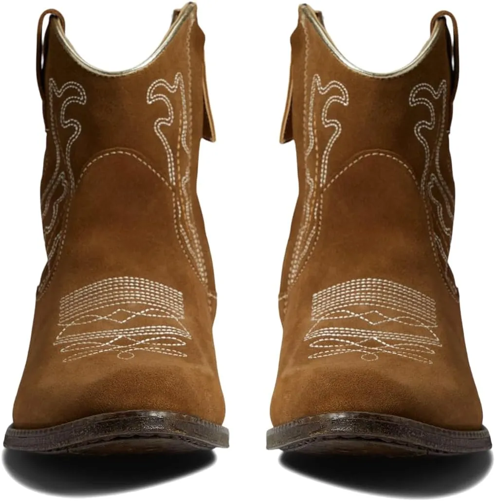 SHODENSE Cowboy Boots Women Embroidered Ankle Booties Low Chunky Stacked Heel Pointed Toe Mid Calf Western Boots Zipper Suede Cowgirl Boot Wide Calf Snip Toe Vintage Fall Boot Exotic Comfort 4-11 M US