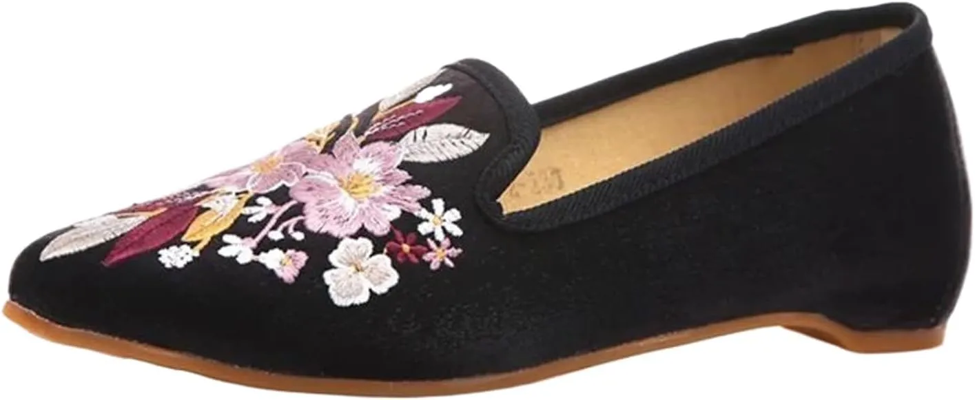 Soft Cotton Fabric Women Embroidered Pointed Toe Ballet Flats Spring Vintage Ladies Casual Slip On Walking Shoes