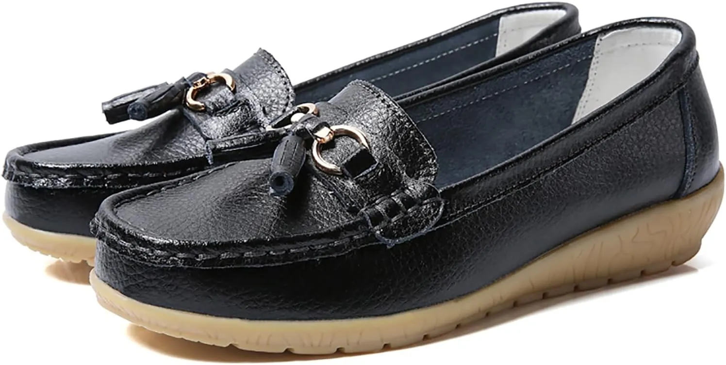 Solaud Women's Comfort Loafers Slope Heeled Moccasins Leather Loafer Casual Round Toe Soft Leather Wedge Pumps Breathable Slip On Walking Office Lightweight Shoes