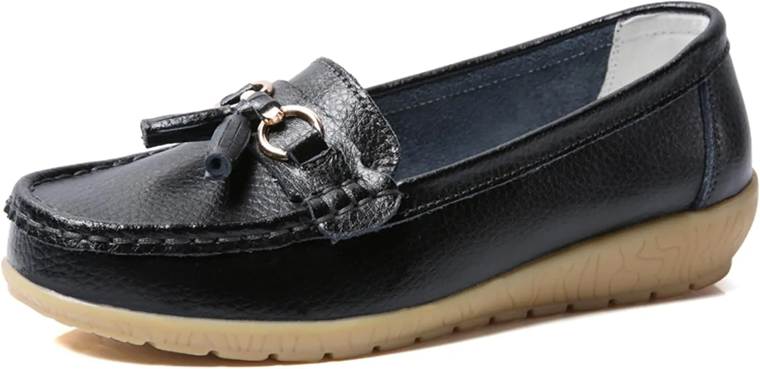 Solaud Women's Comfort Loafers Slope Heeled Moccasins Leather Loafer Casual Round Toe Soft Leather Wedge Pumps Breathable Slip On Walking Office Lightweight Shoes