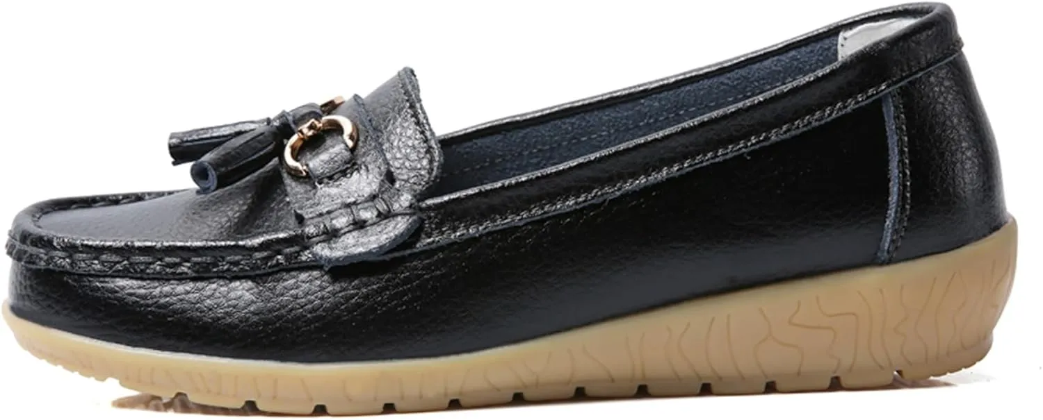Solaud Women's Comfort Loafers Slope Heeled Moccasins Leather Loafer Casual Round Toe Soft Leather Wedge Pumps Breathable Slip On Walking Office Lightweight Shoes