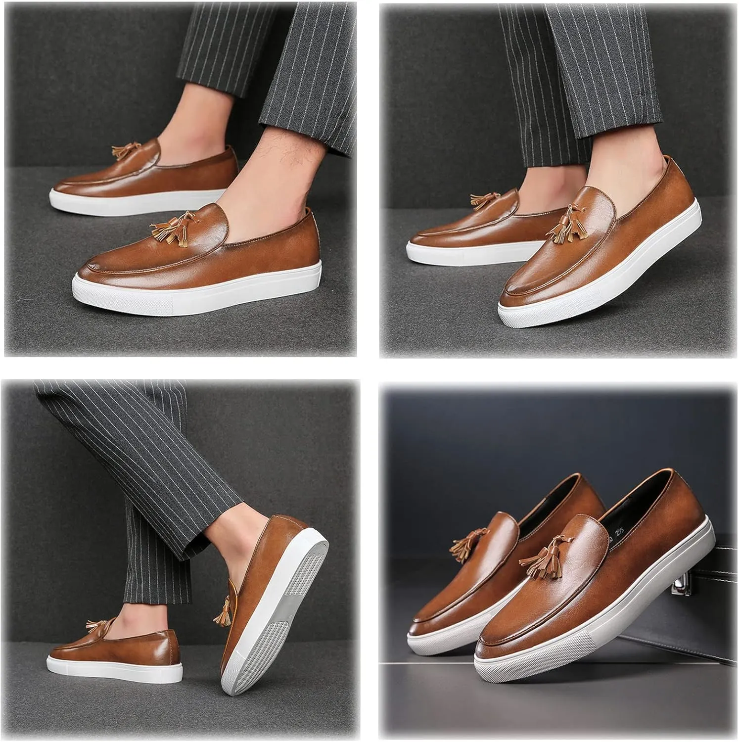 SOLPNOW Men's Leather Tassel Slip-on Loafers,Comfortable Non-Slip Casual Business Leather Shoes,Work Driving Hiking Dress Shoes