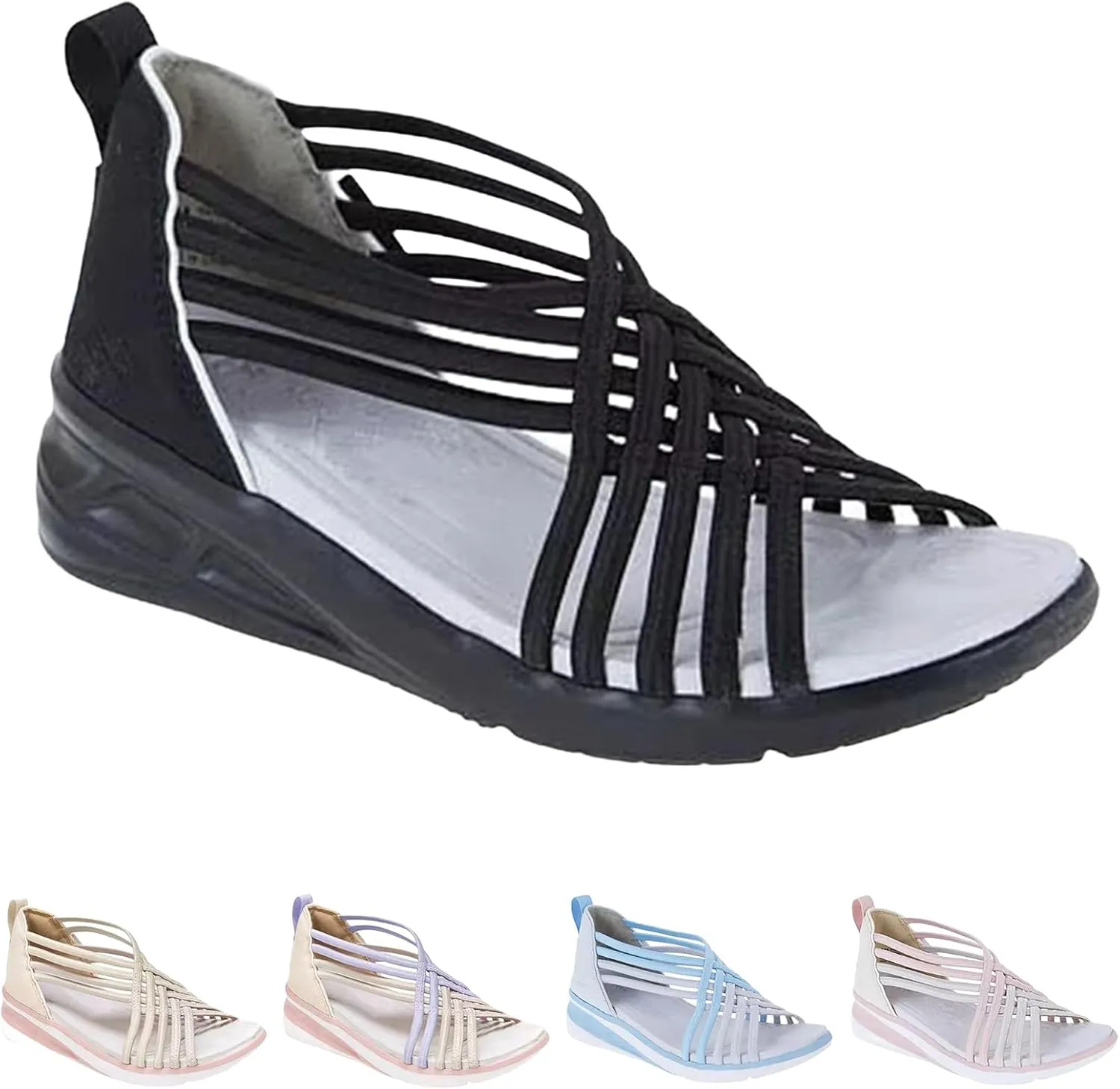 Strappy Wedge Sandals for Women Comfortable Orthopedic Slip On Gladiator Sandals Open Toe Lightweight Stretch Elastic Sandal Fashion Cross Strappy Walking Shoes for Women
