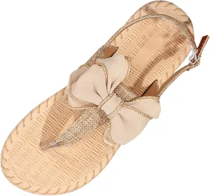 SuanlaTDS Flat Thong Sandals for Women Flip Flops Bowknot T-Strap Summer Dressy Buckle Ankle Strap Sweet Cute Boho Casual Beach Shoes Comfortable Low Heels Walking Slip On Flats Sandal