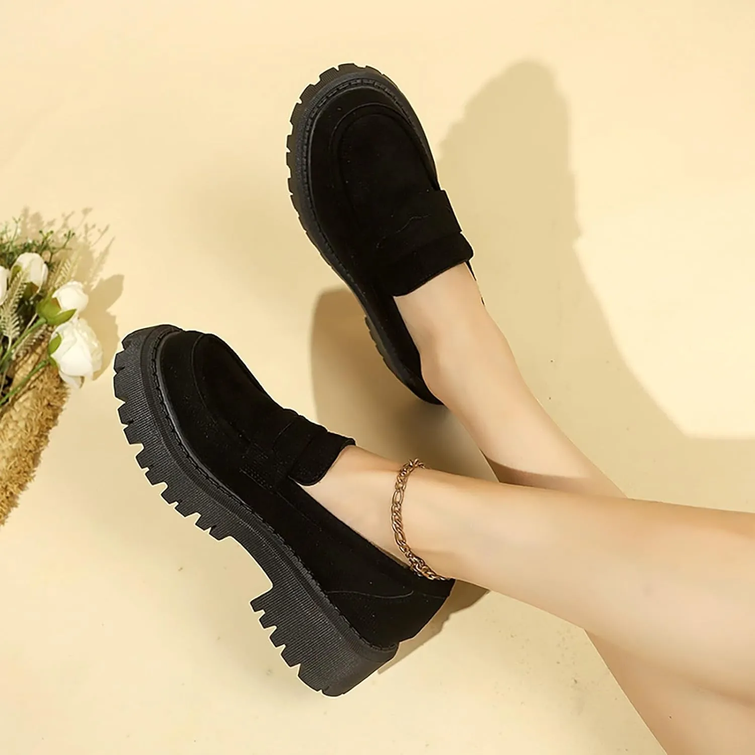 Suede Loafers Women Leather Slip-On Loafers Casual Work Shoe Chunky Business Shoes Comfortable Wide Shoes