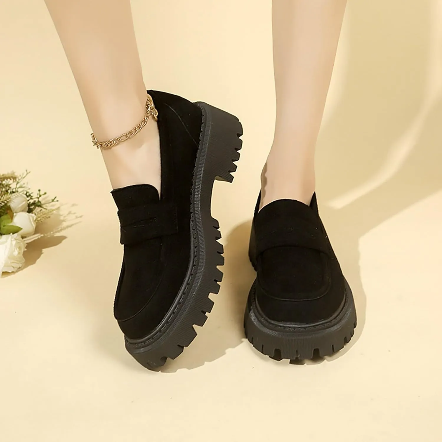 Suede Loafers Women Leather Slip-On Loafers Casual Work Shoe Chunky Business Shoes Comfortable Wide Shoes