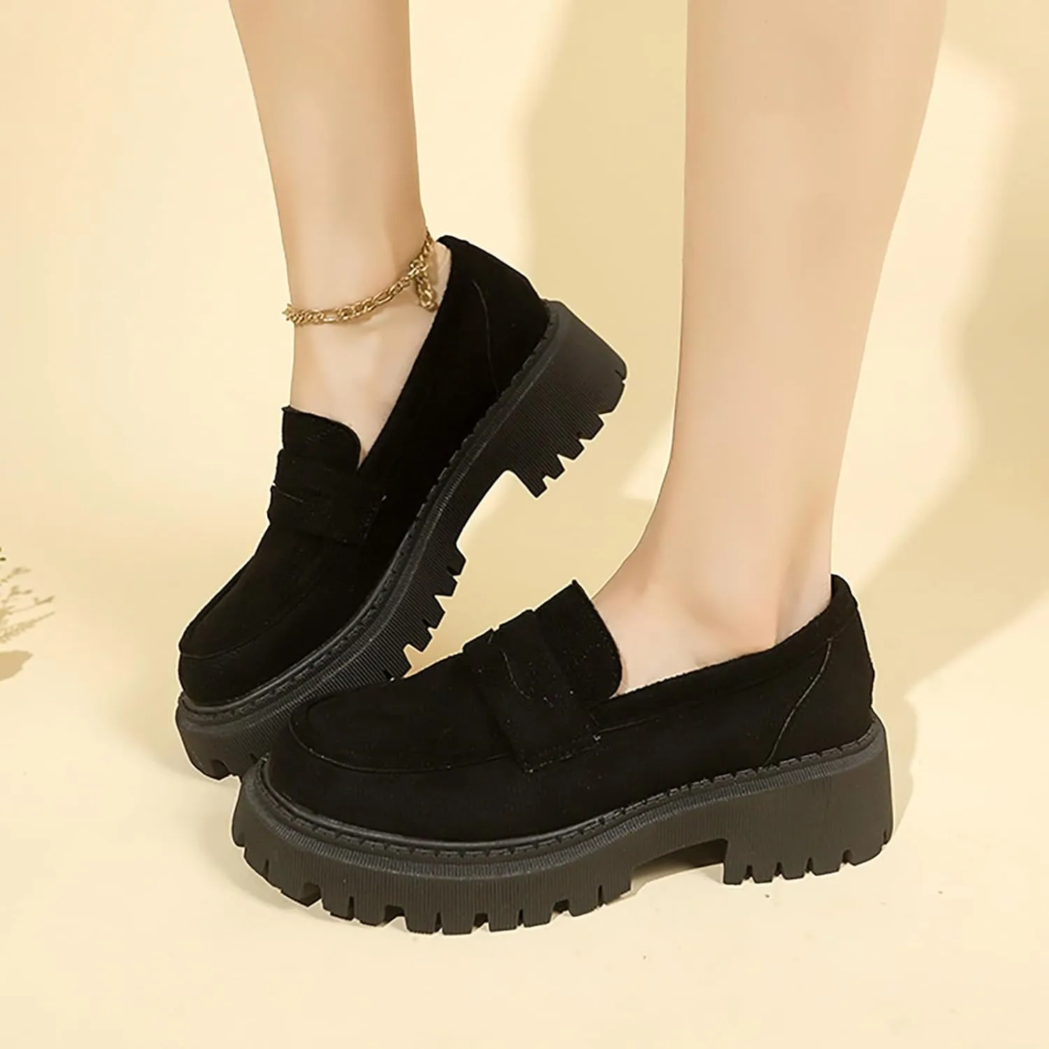 Suede Loafers Women Leather Slip-On Loafers Casual Work Shoe Chunky Business Shoes Comfortable Wide Shoes