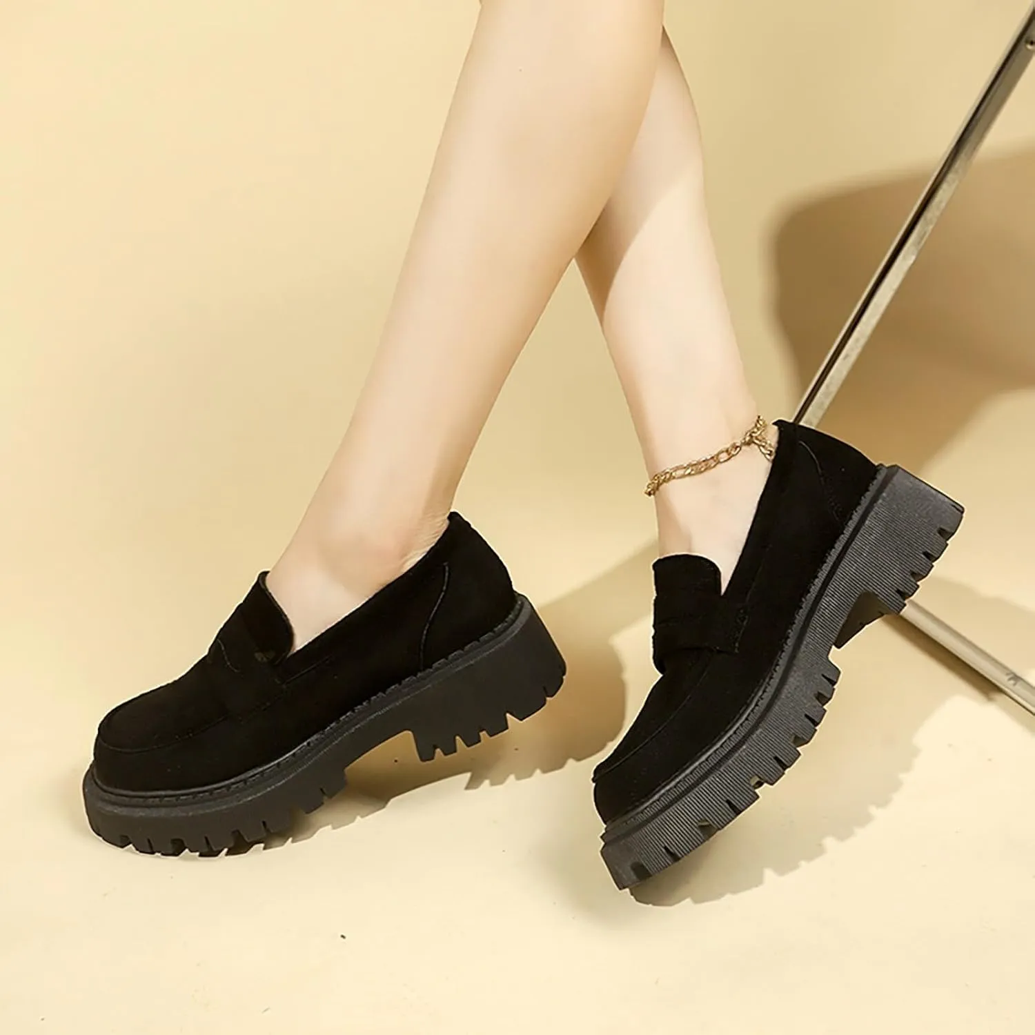 Suede Loafers Women Leather Slip-On Loafers Casual Work Shoe Chunky Business Shoes Comfortable Wide Shoes