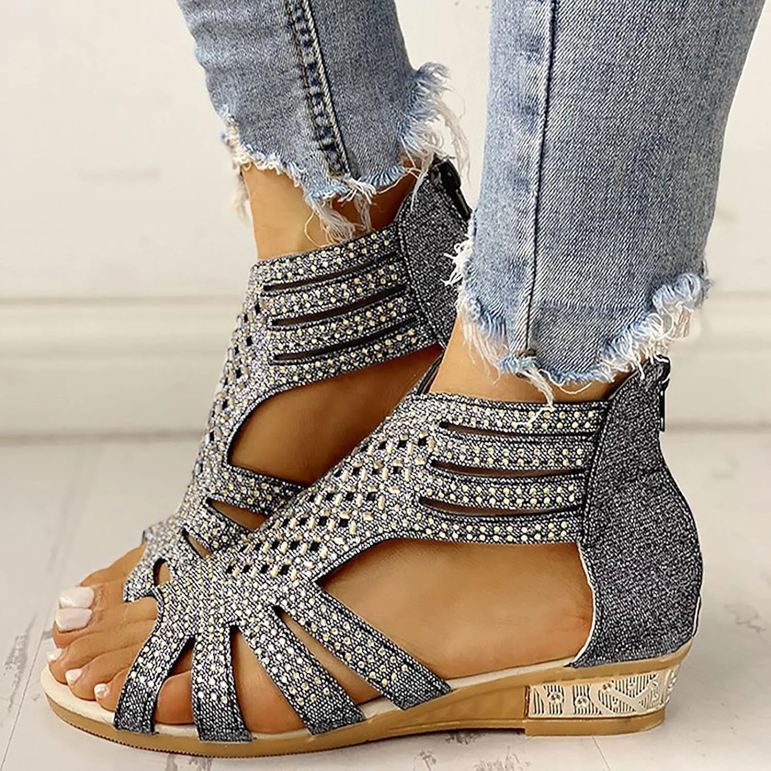 Summer Sandals for Women, Sandals for Women Dressy Boho Sandals Casual Sandals Low Wedges Peep Toe Wrapp Sandals