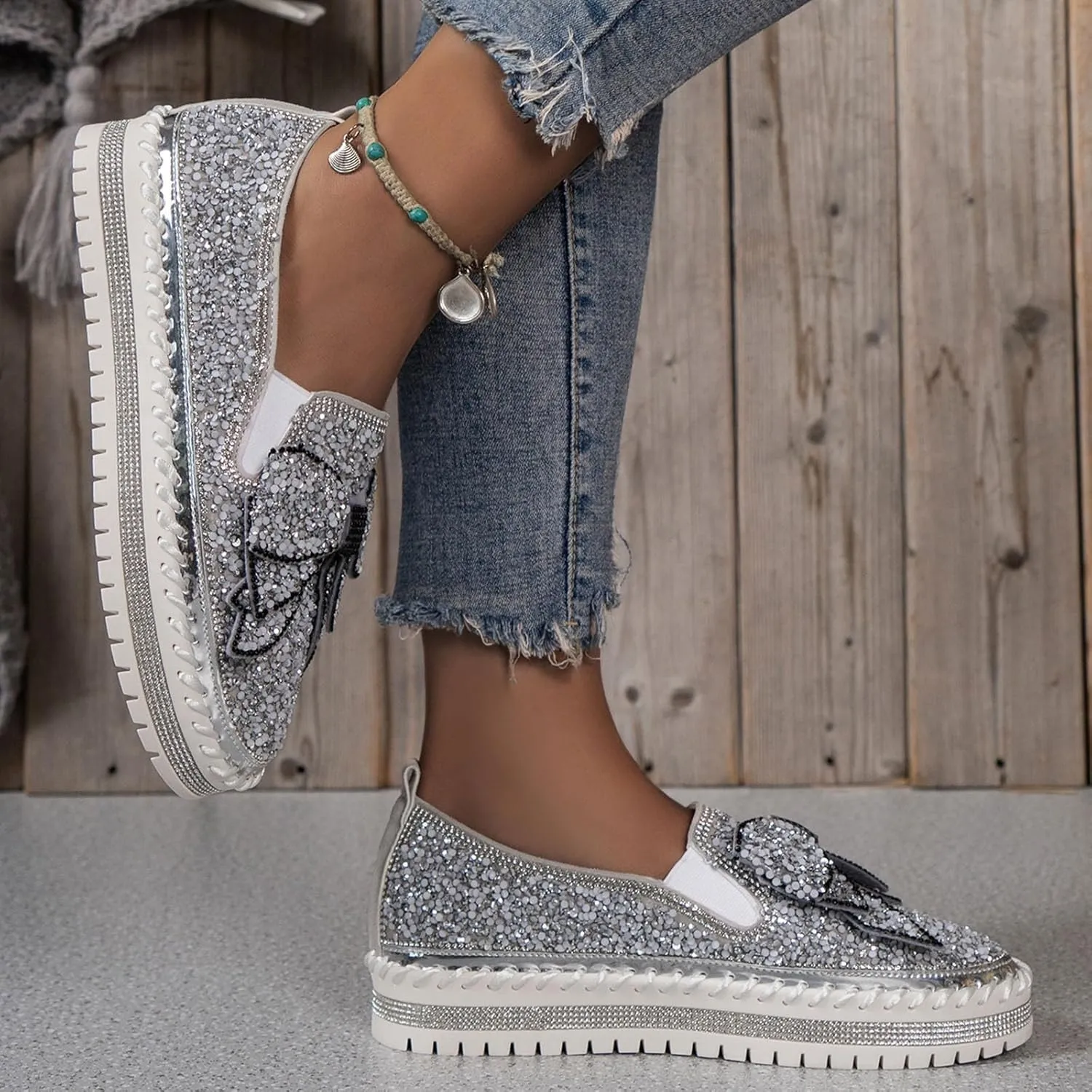 Thick Soft Platform Loafers for Women Sparkly Rhinestone Bow Decoration Single Shoes Elegant Banquet Casual Shoes Canvas