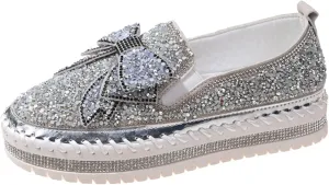 Thick Soft Platform Loafers for Women Sparkly Rhinestone Bow Decoration Single Shoes Elegant Banquet Casual Shoes Canvas
