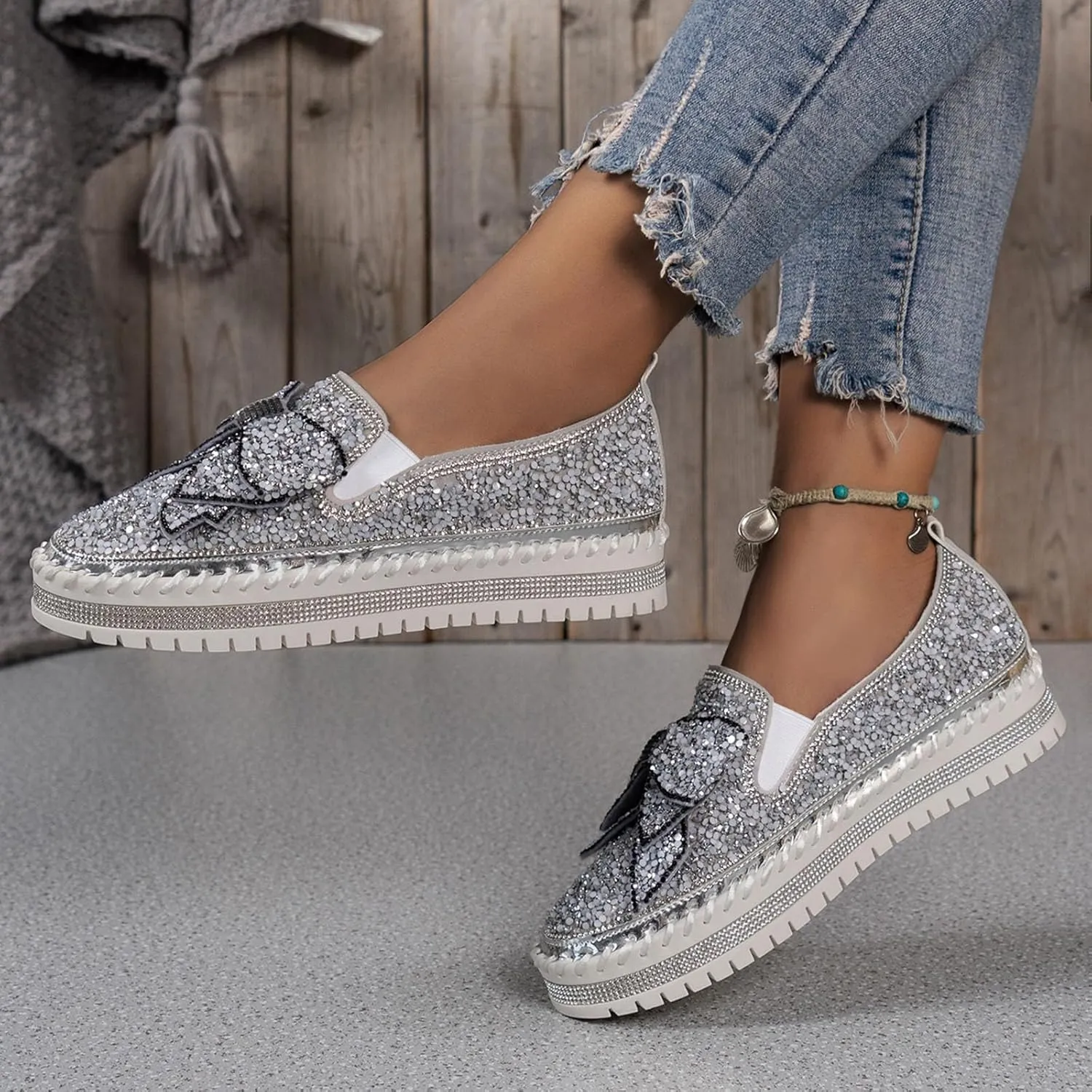 Thick Soft Platform Loafers for Women Sparkly Rhinestone Bow Decoration Single Shoes Elegant Banquet Casual Shoes Canvas