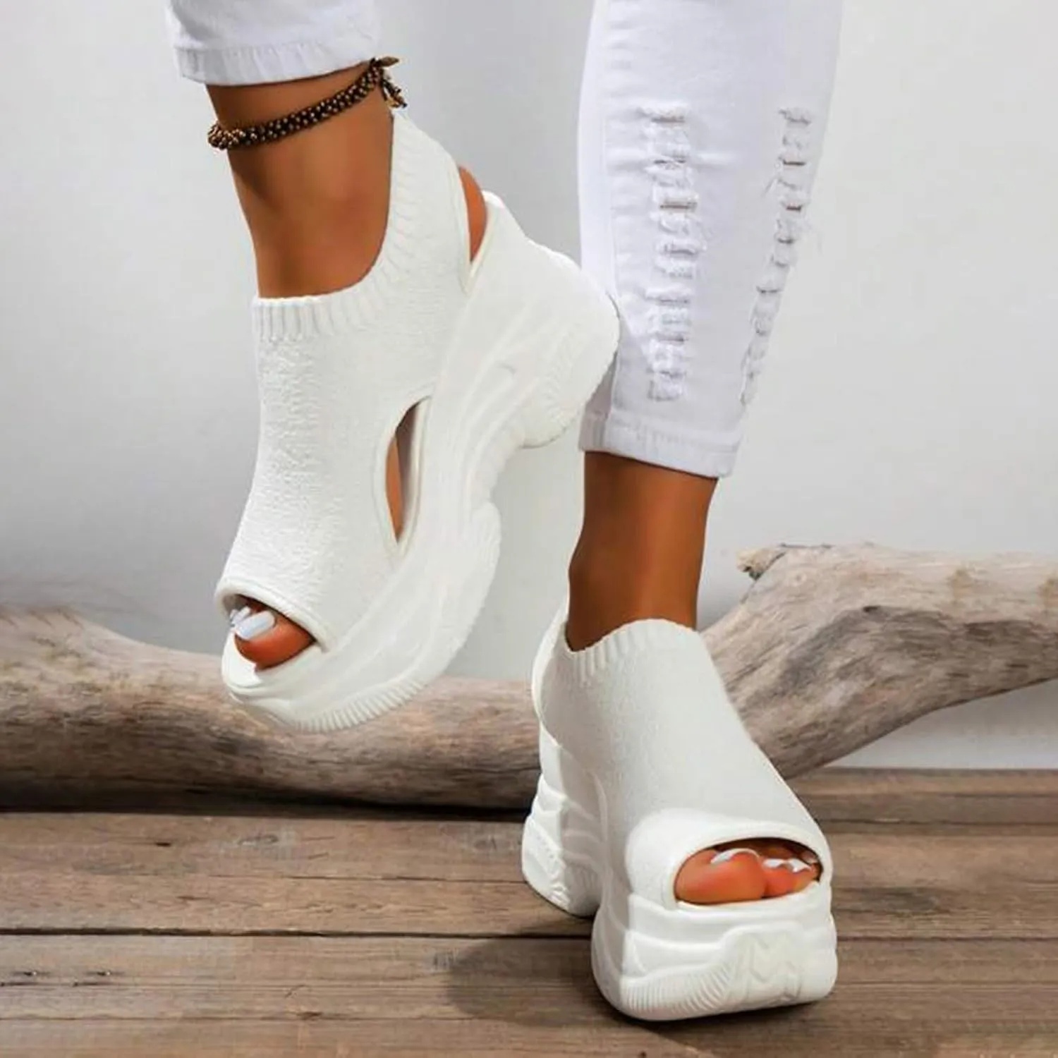 Thick Soled Sandals For Women Summer Mesh Breathable Fish Mouth Sloping Heel Sandals For Sports And Hiking Necessities
