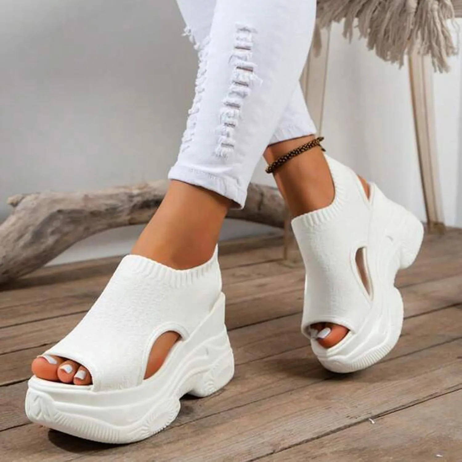Thick Soled Sandals For Women Summer Mesh Breathable Fish Mouth Sloping Heel Sandals For Sports And Hiking Necessities
