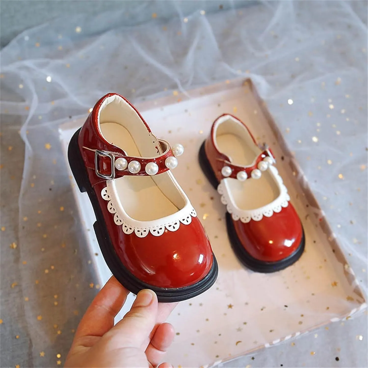 Toddler Baby Girls Mary Jane Flat with Pearls Kids Formal School Dress Shoes Infant Slip On Paten Girls Slippers