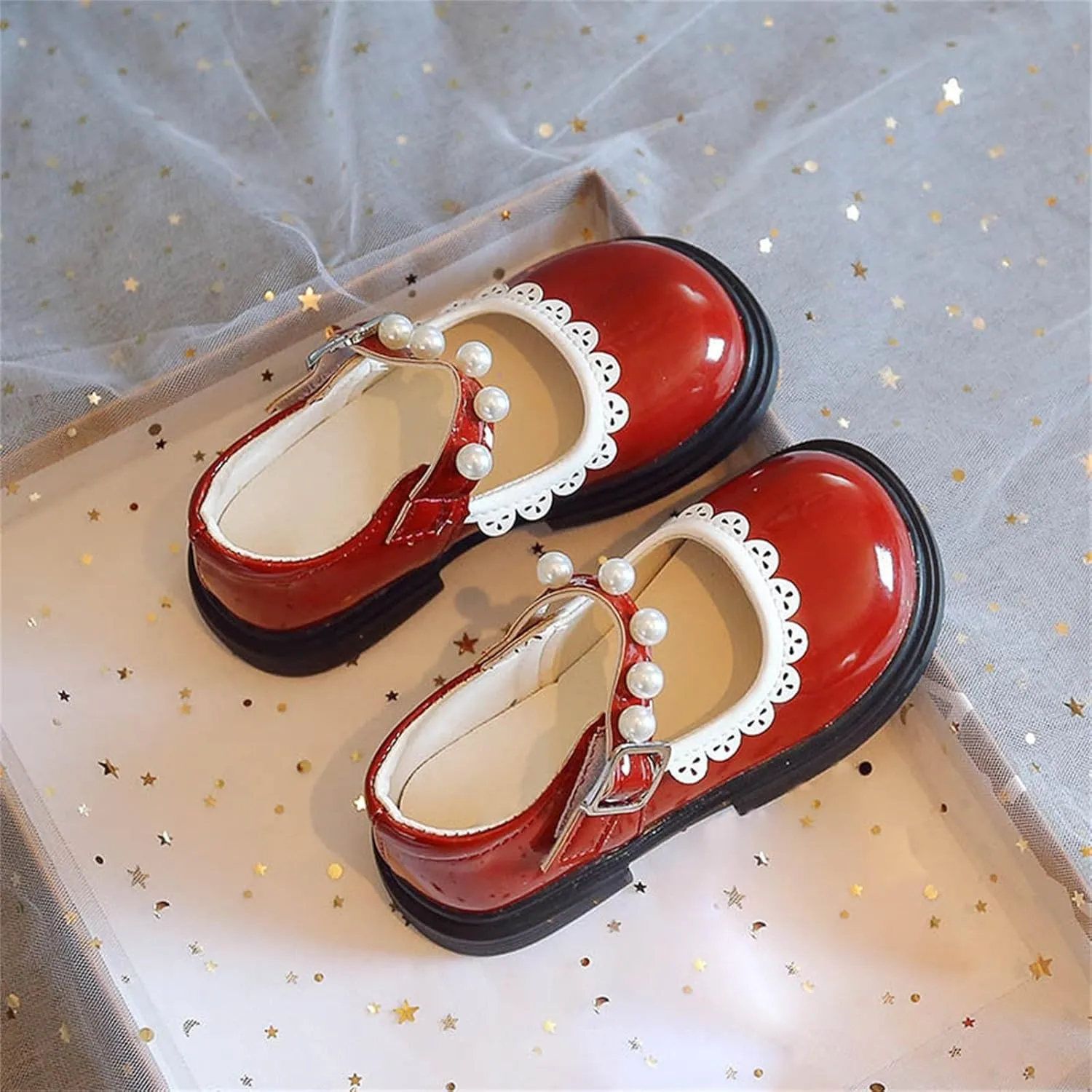 Toddler Baby Girls Mary Jane Flat with Pearls Kids Formal School Dress Shoes Infant Slip On Paten Girls Slippers