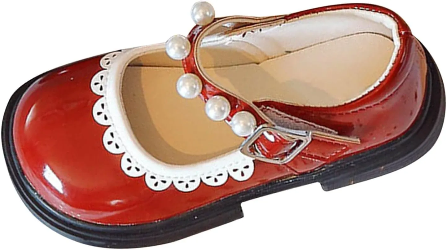 Toddler Baby Girls Mary Jane Flat with Pearls Kids Formal School Dress Shoes Infant Slip On Paten Girls Slippers