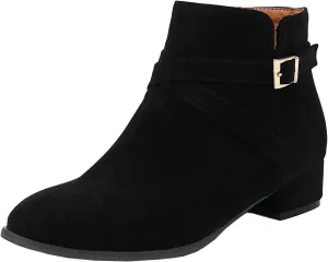 Uniquelly Womens Chunky Heel Ankle Boots Round Toe Low Heel Booties Side Zipper Cross Buckle Decoration Fashion Winter Shoes Ladies