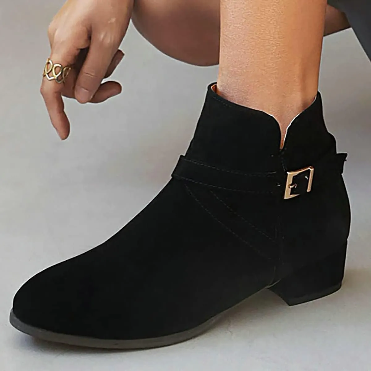 Uniquelly Womens Chunky Heel Ankle Boots Round Toe Low Heel Booties Side Zipper Cross Buckle Decoration Fashion Winter Shoes Ladies