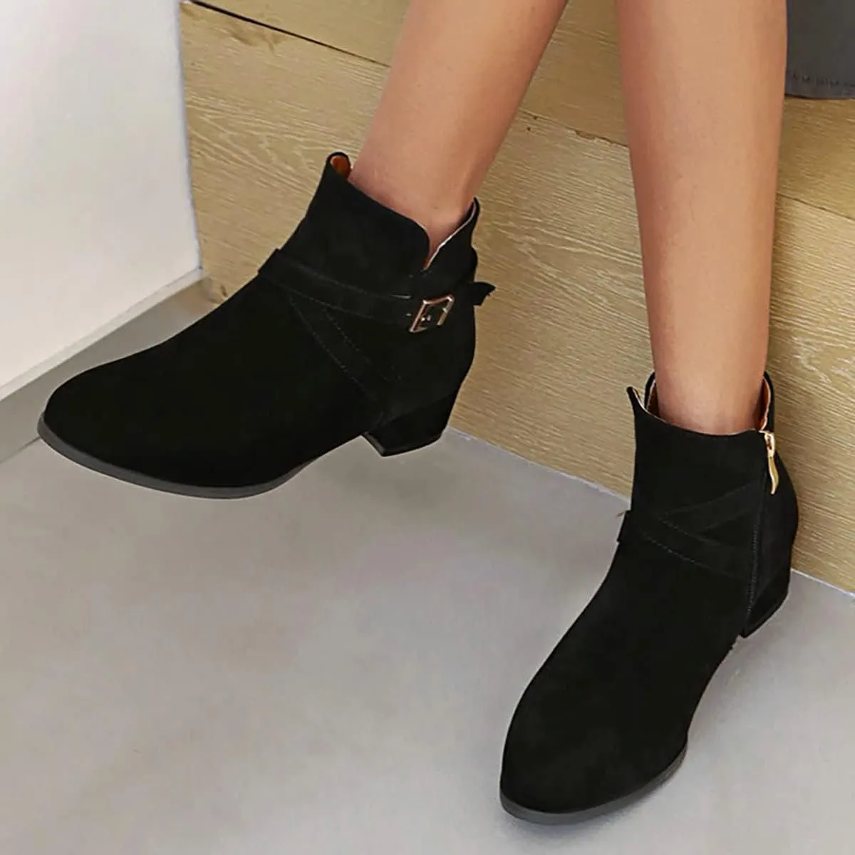 Uniquelly Womens Chunky Heel Ankle Boots Round Toe Low Heel Booties Side Zipper Cross Buckle Decoration Fashion Winter Shoes Ladies