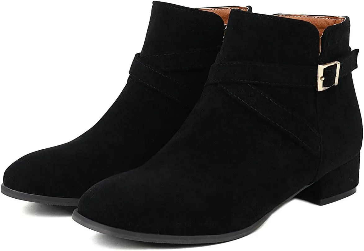 Uniquelly Womens Chunky Heel Ankle Boots Round Toe Low Heel Booties Side Zipper Cross Buckle Decoration Fashion Winter Shoes Ladies