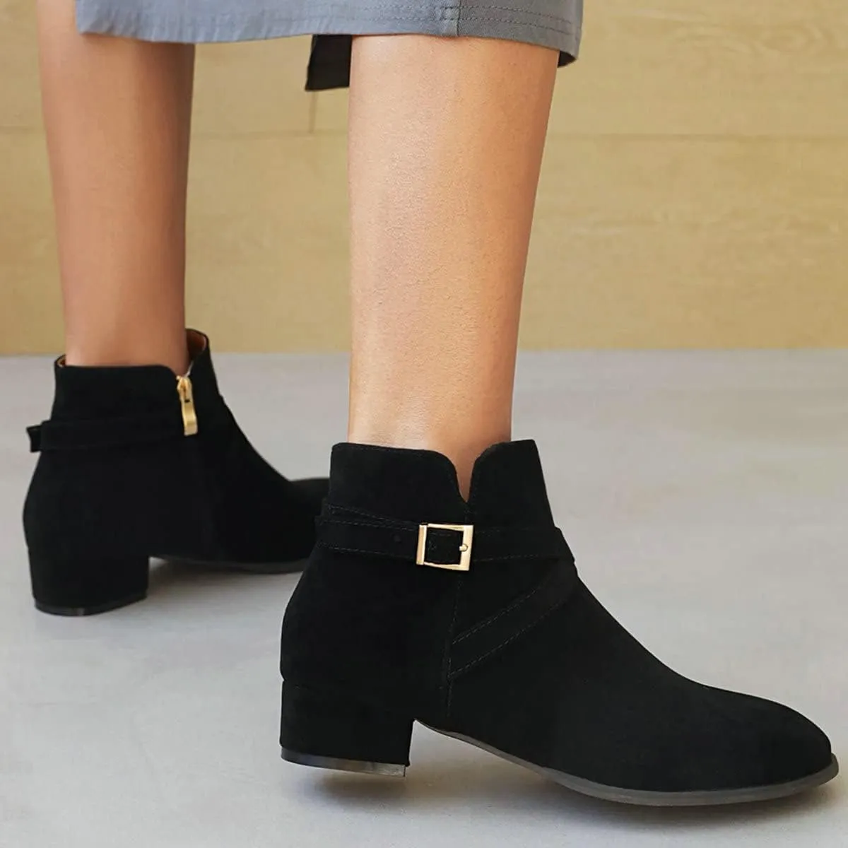 Uniquelly Womens Chunky Heel Ankle Boots Round Toe Low Heel Booties Side Zipper Cross Buckle Decoration Fashion Winter Shoes Ladies