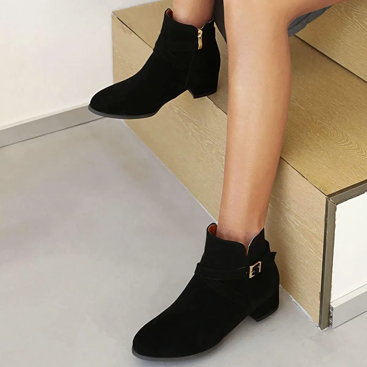 Uniquelly Womens Chunky Heel Ankle Boots Round Toe Low Heel Booties Side Zipper Cross Buckle Decoration Fashion Winter Shoes Ladies