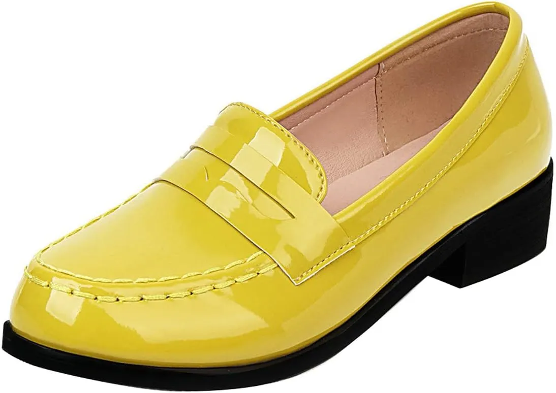 UniqueStride Womens Loafers Flat Shoes Patent Leather Platform Low Chunky Heel Classic Round Toe Pumps