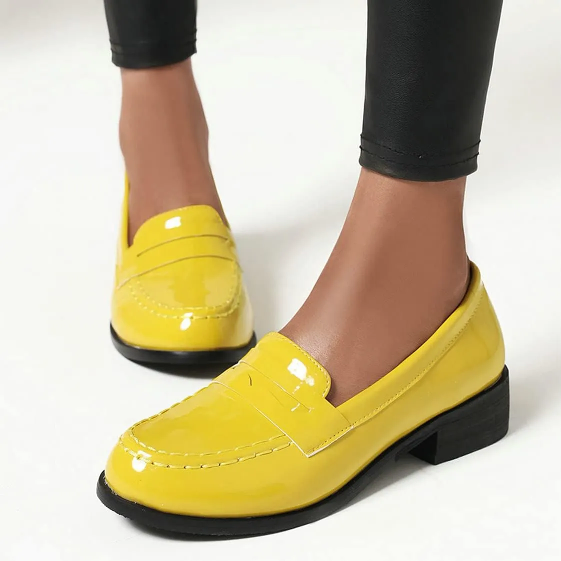 UniqueStride Womens Loafers Flat Shoes Patent Leather Platform Low Chunky Heel Classic Round Toe Pumps