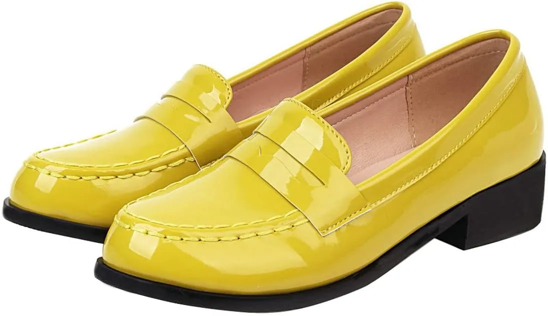 UniqueStride Womens Loafers Flat Shoes Patent Leather Platform Low Chunky Heel Classic Round Toe Pumps