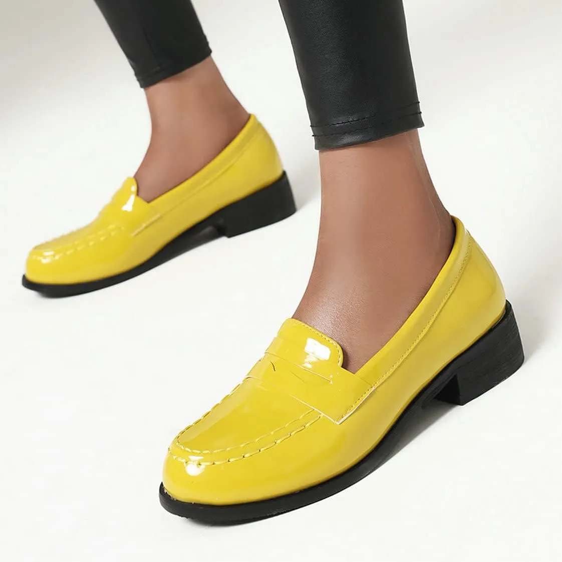 UniqueStride Womens Loafers Flat Shoes Patent Leather Platform Low Chunky Heel Classic Round Toe Pumps